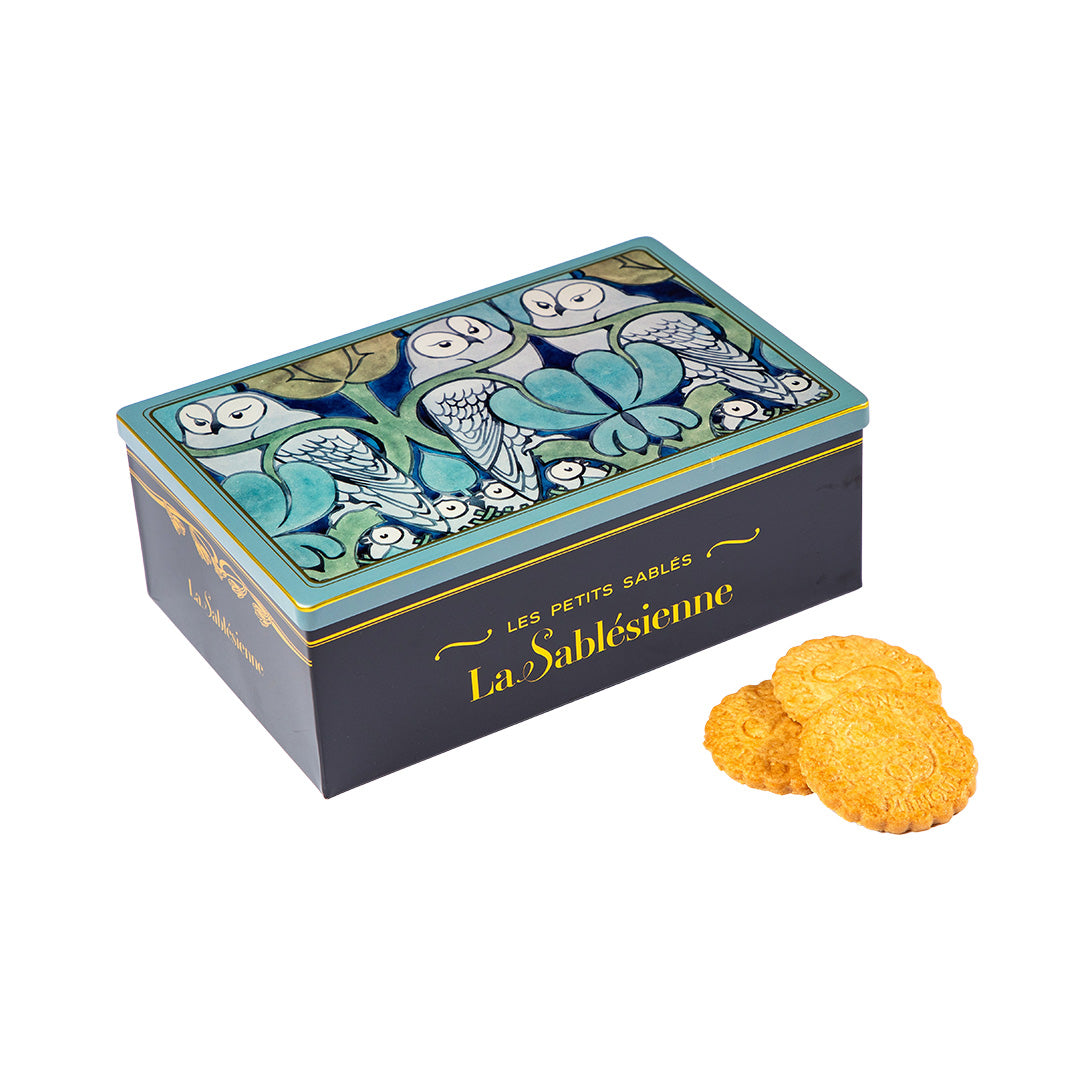 Biscuits sablés assortiment sablés nature et pépites de framboise - boite métal "Chouette de Voysey" 250g
