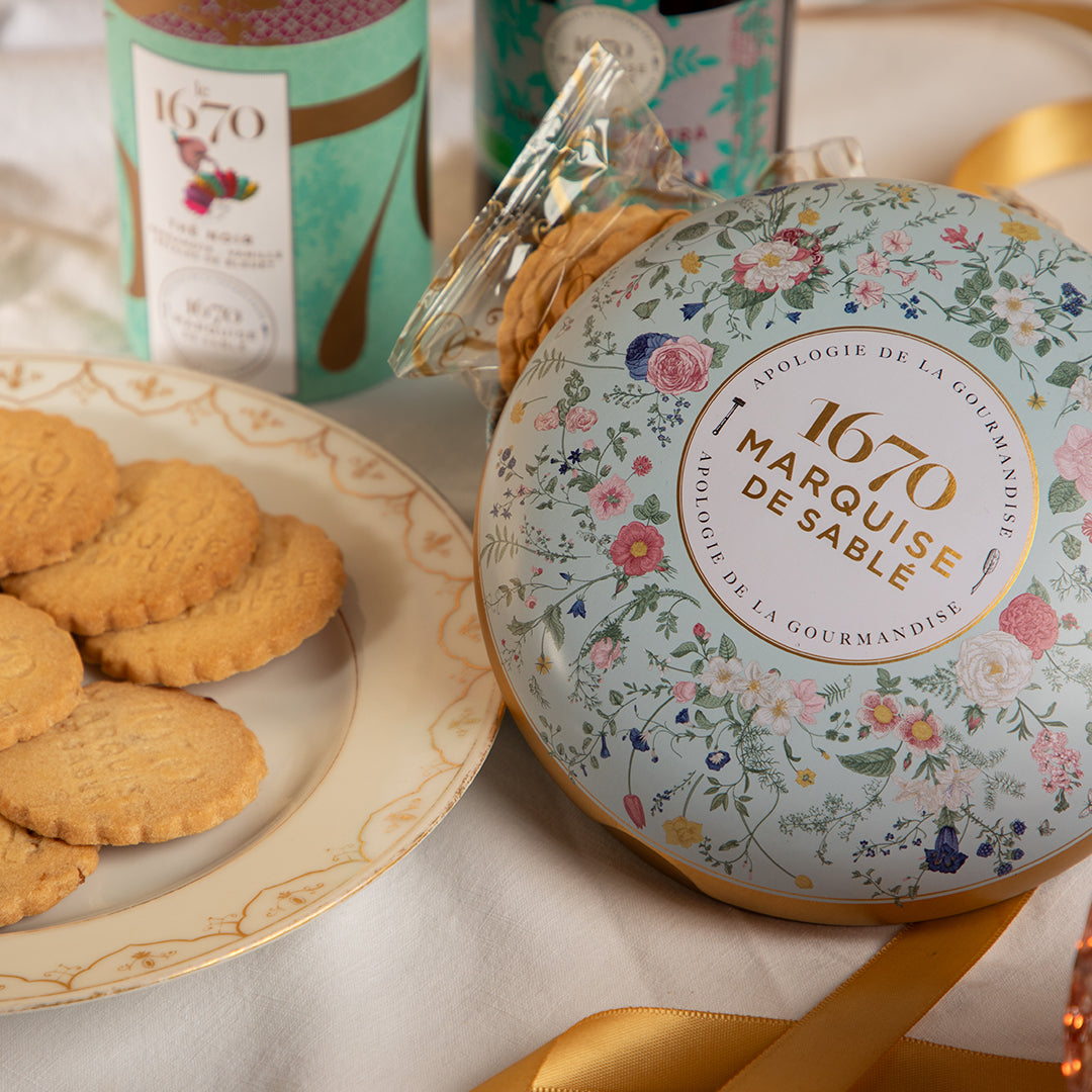 Biscuits sablés aux pépites de caramel beurre salé - boite métal ronde "Bouquet sauvage" 175g