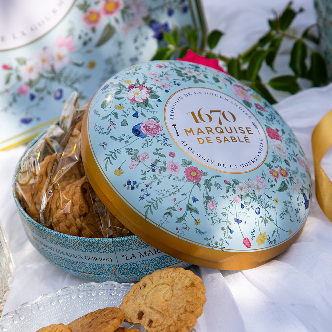 Biscuits sablés aux pépites de caramel beurre salé - boite métal ronde "Bouquet sauvage" 175g