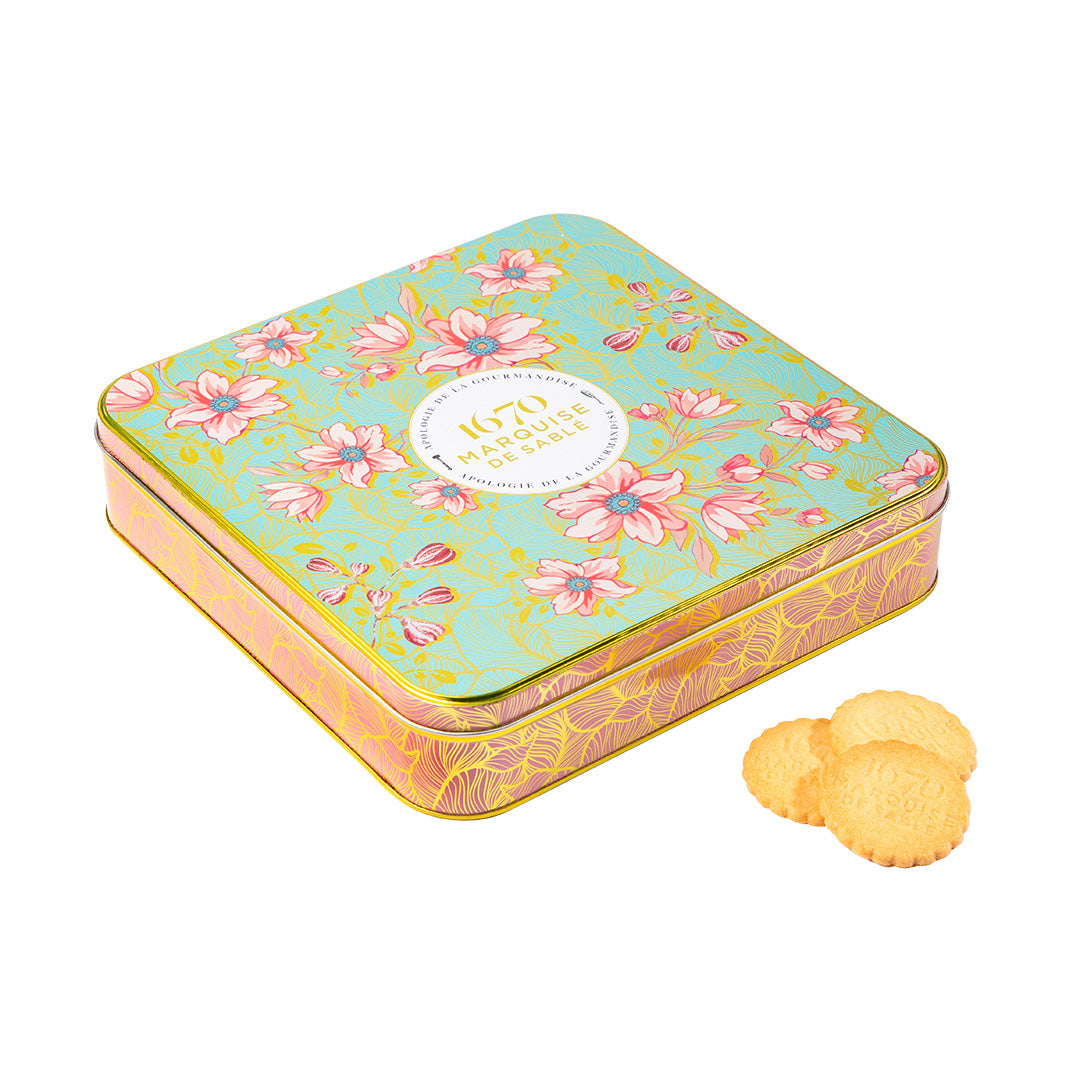 Biscuits sablés assortiment nature, pépites de caramel, de chocolat et d'abricot - coffret métal "Féérie végétale" 400 g