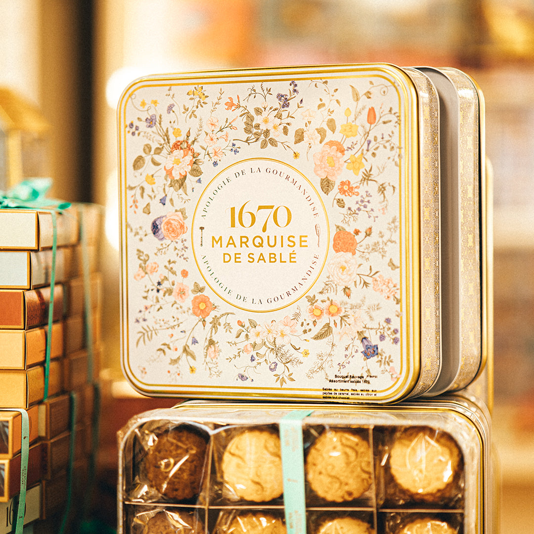 Biscuits sablés assortiment nature, pépites de caramel, de citron et tout chocolat - coffret métal "Bouquet Sauvage" 400g