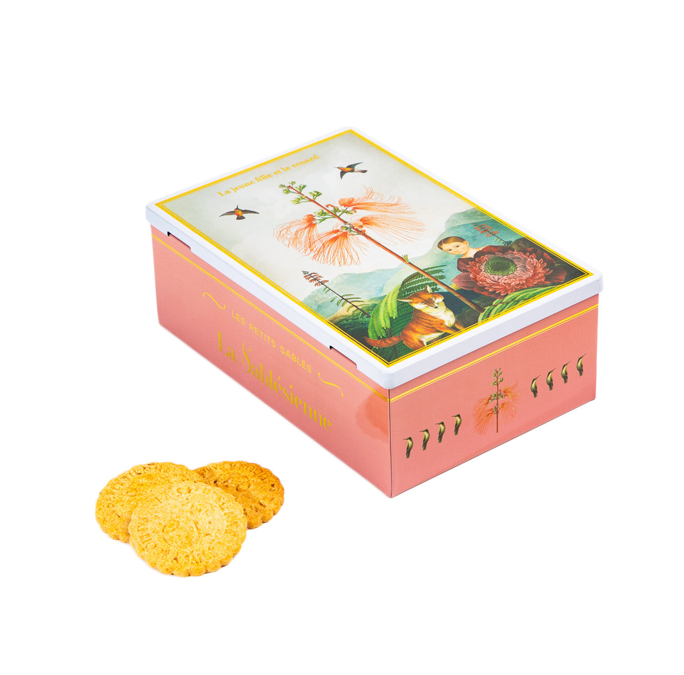 Biscuits sablés aux pépites de framboises et aux pépites de caramel - Boite métal "La jeune fille et le renard" - 250g