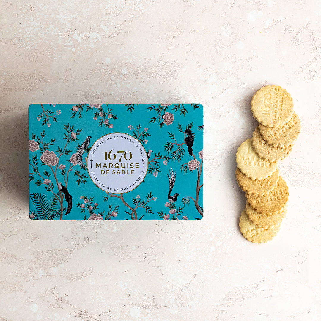 Biscuits sablés assortiment sablés nature, aux pépites de chocolat et tout chocolat. - boite métal "Jardin de Paradis" 300g