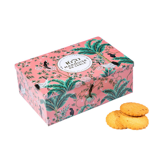 Biscuits sablés assortiment nature, pépites de caramel et pépites d'abricot. - boite métal "La palmeraie" 300g