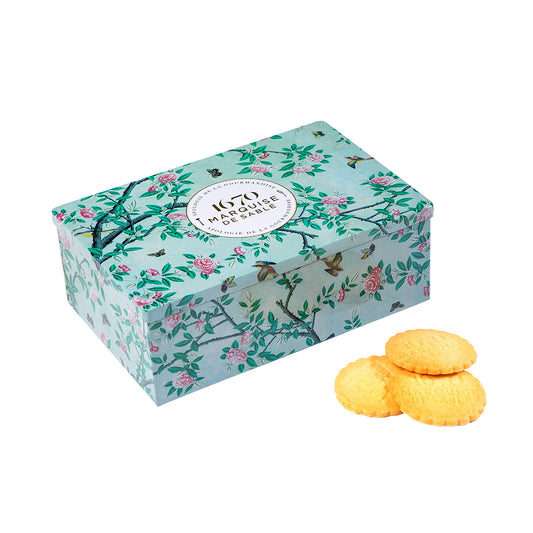 Biscuits sablés assortiment nature pur beurre frais, pépites de framboise et de chocolat - boite métal "Dans un jardin" 300 g