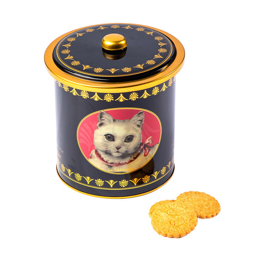 Biscuits sablés nature pur beurre frais et caramel beurre salé - boite seau métal "Chat blanc" 250g